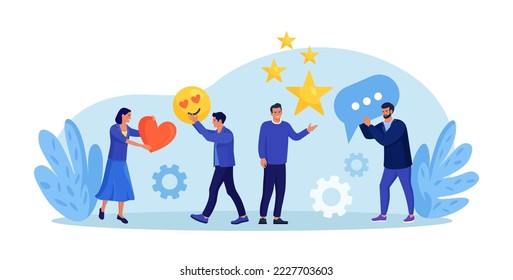 Customer feedback rating. People giving emoticon such as stars, thumbs up, heart sign. User experience or client satisfaction. Client opinion for product and services. Business satisfaction support