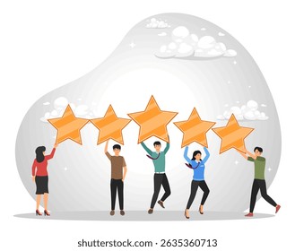 Customer feedback rating or performance review concept, five stars service. Business people employees holding 5 stars rating feedback.
