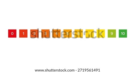 Customer feedback, rating scale from 0 to 10. Gathering feedback using polls with horizontal square shaped fields and color scale from red to green, labeled with ascending numbers from 0 to 10. Vector