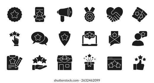 Customer Feedback And Rating Solid Icon Set. Quality Assurance, User Experience, And Satisfaction Silhouette Symbol Collection. Review And Evaluation Tools. Isolated Vector Illustration.
