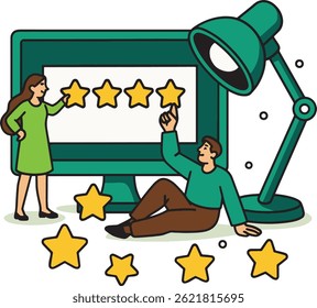 Ilustración vectorial de calificación de Comentarios Cliente sobre fondo blanco.