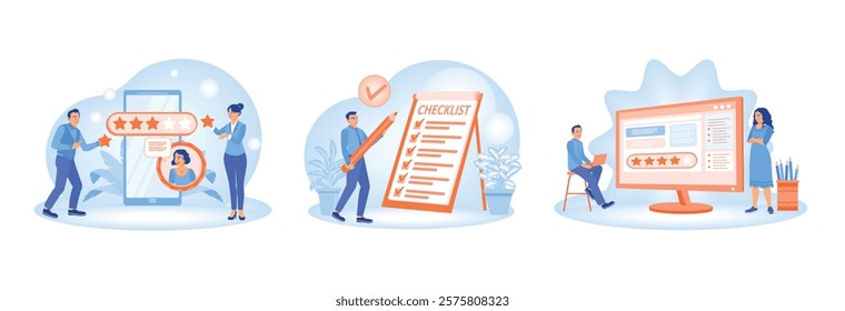 Customer feedback and review analysis.People fill out a survey form, check off items from a questionnaire, and rate the feedback five stars. Online Survey Concept. Set flat vector illustration.