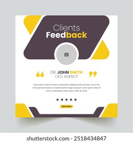 Revisão de feedback de clientes para depoimentos de clientes postagens em mídias sociais banner e modelos de design. Banner de posts de mídia social de revisão de comentários do serviço de clientes.