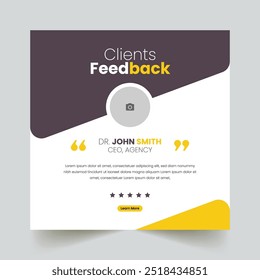 Revisão de feedback de clientes para depoimentos de clientes postagens em mídias sociais banner e modelos de design. Banner de posts de mídia social de revisão de comentários do serviço de clientes.