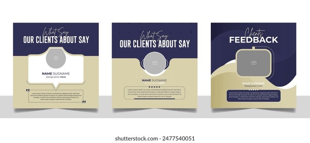 Customer feedback review design or client testimonial simple minimalist social media post. Business service rating poster square banner template set. Photo placeholder frame vector.