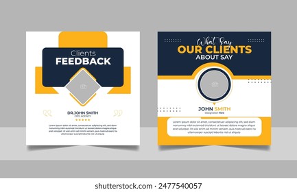 Customer feedback review design or client testimonial simple minimalist social media post. Business service rating poster square banner template set. Photo placeholder frame vector.
