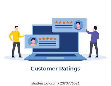 Customer feedback review experience, Clients leaving positive ratings on laptop screen, Website rating concept vector illustration, for landing, page, web banner, mobile apps, infographic