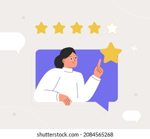 Customer feedback review with give 5 star rating. Customer woman review and user rating five stars from dialog box in the application. Flat style vector illustration.