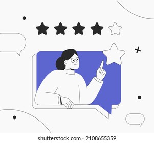 Customer feedback review with give 5 star rating. Customer woman review and user rating five stars from dialog box in the application. Flat style vector illustration