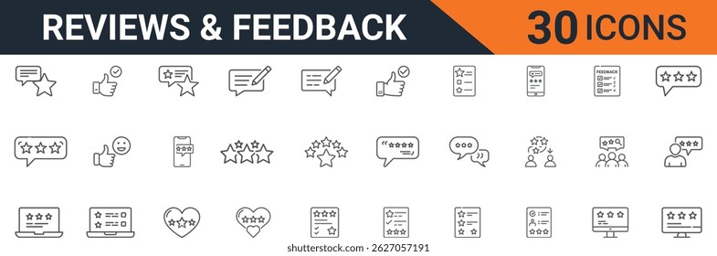 Customer Feedback and Review Icons – Editable Vector Line Icons for Ratings, Testimonials, Comments, Stars, Opinions, Surveys, and User Experience Design
