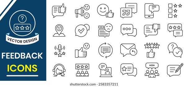 Customer feedback, review, rating icon set. Feedback, review line icons set. Feedback, rating, response, satisfaction, review, web icons set.  Five star rating, review icon vector illustration.