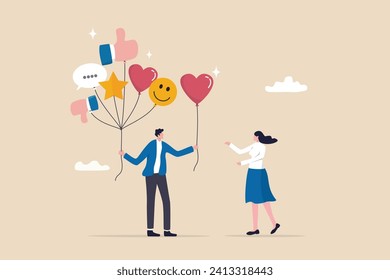 Customer feedback, review or service satisfaction, giving rating, opinion or review evaluation, user experience, ranking or quality rating concept, customer holding feedback balloons giving heart.