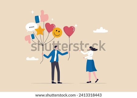 Customer feedback, review or service satisfaction, giving rating, opinion or review evaluation, user experience, ranking or quality rating concept, customer holding feedback balloons giving heart.