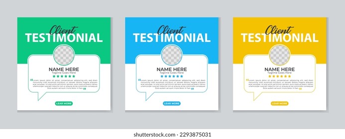 Revisión de comentarios del cliente o diseño testimonial en colores verde, azul y amarillo. Plantilla de comentarios de servicio al cliente con vector de marcador de posición de foto. Testimonio del cliente con vector de sección de clasificación por estrellas.