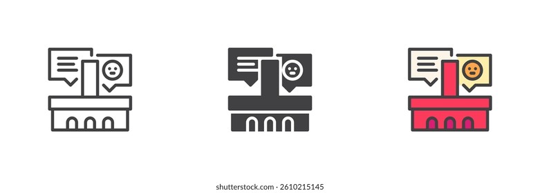 Customer feedback or reviews different style icon set. Line, glyph and filled outline colorful version, outline and filled vector sign. Shopping basket with speech bubbles symbol, logo illustration