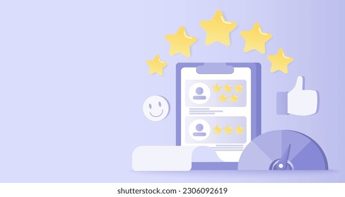 Customer feedback reviews. Positive and negative review, respond, rating star, loyalty, good experience, complaint comment. Flat vector design illustration with copy space.