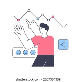Satisfacción de los clientes analizando datos de gráficos del gerente masculino reportan ilustración plana vectorial. Clasificación de servicio de monitoreo de gestión de reputación para mejorar el rango positivo de la marca y aumentar la confianza