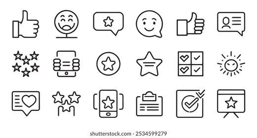 Cliente Comentarios y concepto de satisfacción relacionados con iconos de contorno de trazo editable conjunto de Ilustración vectorial plana aislada sobre fondo blanco.