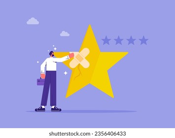 Customer feedback or satisfaction concept, reputation management, customer experience or rating, repair or fix customer trust problem, businessman fix broken rating star with bandage