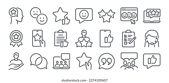 Customer feedback and satisfaction editable stroke outline icons set isolated on white background flat vector illustration. Pixel perfect. 64 x 64.