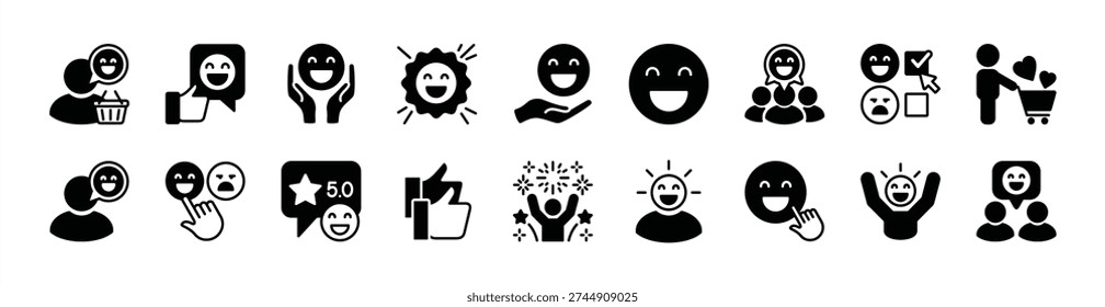 Customer feedback, satisfaction and experience icon vector set. Contains happy faces, smile, thumbs up, 5 stars rating review, celebrate, quality badge, survey, opinion, choose, testimonial for life events