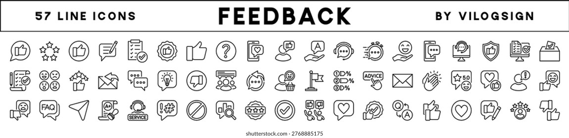 Customer feedback and satisfaction line icon set. Contains thumbs up, stars, happy faces, rating, review, testimonial, support, survey, evaluation, comment, opinion, response, social media. Vector illustration