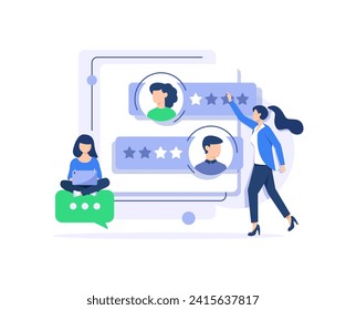 Customer feedback scene,Characters giving review to customer service operator and writing comments