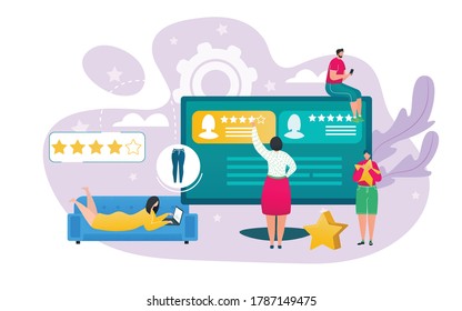 Customer feedback and service rating concept vector illustration. People character rate and review online, good experience star. Satisfaction and positive survey, best success quality vote.