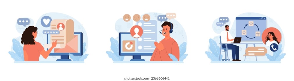 Customer feedback set. Consumer reviews public exchange. Sharing a purchased goods and services assessment in mobile app or social media blog, leaving anonymous feedback. Flat vector illustration