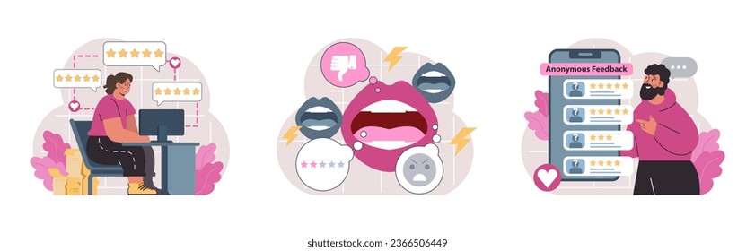Juego de comentarios del cliente. Los consumidores revisan el intercambio público. Compartir una evaluación de bienes y servicios comprados en una aplicación móvil o un blog de medios sociales, dejando comentarios anónimos. Ilustración vectorial plana