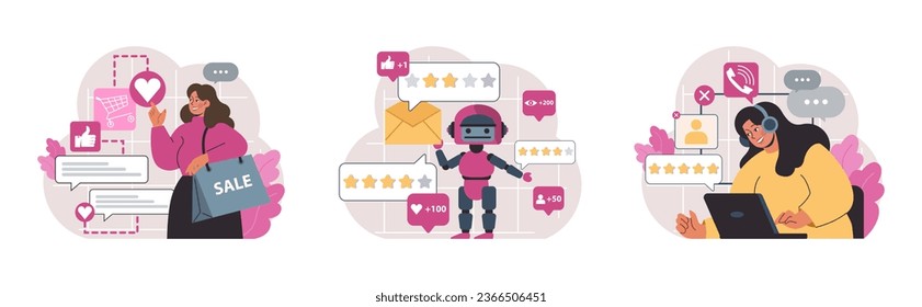 Customer feedback set. Consumer reviews public exchange. Sharing a purchased goods and services assessment in mobile app or social media blog, leaving anonymous feedback. Flat vector illustration