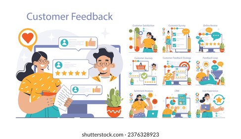 Customer feedback set. Consumer reviews public exchange. Sharing assessment of a purchased goods and services in mobile app or social media blog, leaving a comment. Flat vector illustration