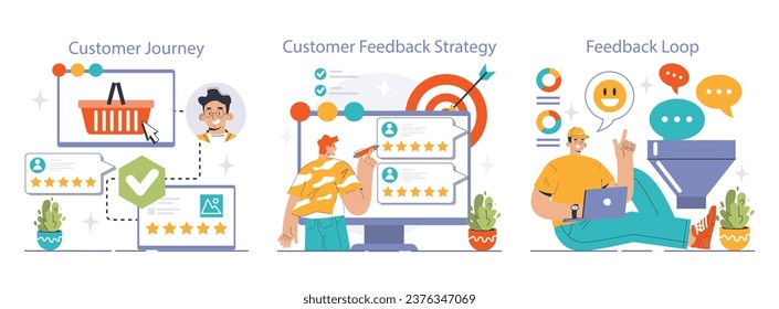 Customer feedback set. Consumer reviews public exchange. Sharing assessment of a purchased goods and services in mobile app or social media blog, leaving a comment. Flat vector illustration