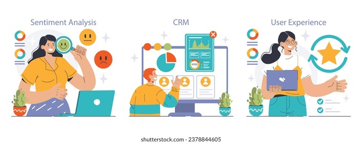 Customer feedback set. Consumer reviews public exchange. Sharing assessment of a purchased goods and services in mobile app or social media blog, leaving a comment. Flat vector illustration