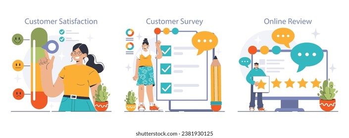 Customer feedback set. Consumer reviews public exchange. Sharing assessment of a purchased goods and services in mobile app or social media blog, leaving a comment. Flat vector illustration