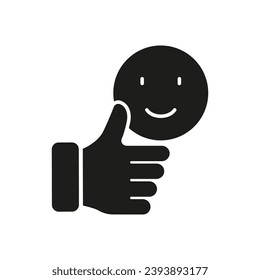 Customer Feedback Silhouette Icon. Positive Emoji Button. Client Review, Best Service Glyph Pictogram. Thumb Up With Happy Face Emoticon Solid Sign. Like Symbol. Isolated Vector Illustration.