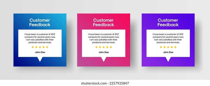 Customer Feedback Social Media Post Template. Set of Vector Design Templates for Customer Testimonial Review Showcase. Client Feedback Quote with Star Rating and Speech Bubble.