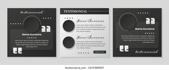 Customer feedback for social media. Vector set of square testimonial post template. Web banners of client satisfaction with star rating review of products or business services. Testimonials design.