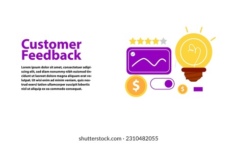 Comentarios de los clientes con la estrella, la moneda y el símbolo de ideas de los clientes