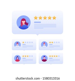 Customer feedback survey flat business vector illustration. Web review concept. Documents with people male and female face and star sign. Design element for banner, background, web, ui, infographics.