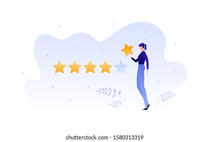 Customer feedback survey flat business vector people illustration. Best quality service review concept. Female holding star on fluid shape. Design element for banner, background, poster, web, ui