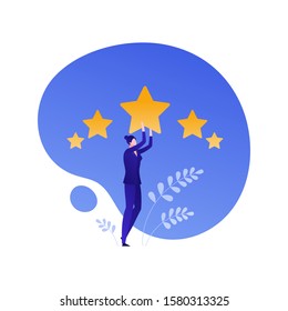 Customer feedback survey flat business vector people illustration. Best quality service review concept. Businesswoman holding star on blue shape. Design element for banner, background, poster, web, ui