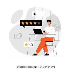 Customer feedback, survey, opinion concept. Man give review rating and feedback on website. Illustration with people scene in flat design for website and mobile development.	
