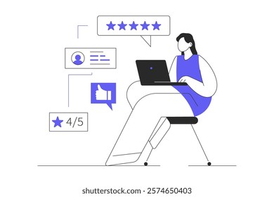 Customer feedback, survey, opinion concept. Character Woman give review rating and feedback on website. Flat Cartoon Vector Illustration, icon. Stylish abstract 