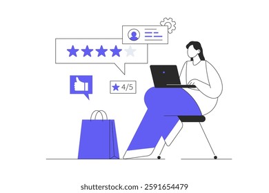 Customer feedback, survey, opinion concept. Woman Character give review rating and feedback on website. Flat Cartoon Vector Illustration, icon. Stylish abstract Flat design for website