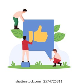 Customer feedback, survey service for comment of user experience and opinions about quality of product. Tiny people holding speech bubble message with thumbs up to rate cartoon vector illustration