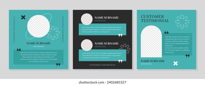 Customer feedback template for social media post. Vector set of square banner or poster template design for client testimonials. Review or rating of products or business services with quote layout.