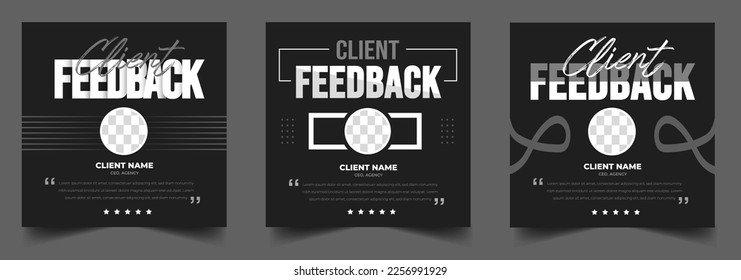 Customer feedback, Customer testimonial, client review, client Testimonials social media post banner design template with black and dark color. black, dark and white color client review banner.