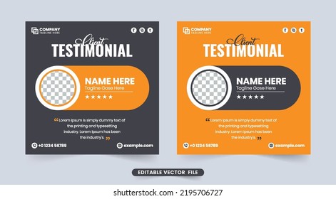 Customer Feedback Testimonial Design With Dark And Orange Colors. Modern Customer Review Layout Vector With Quote Space. Client Testimonial And Review Section Design For Websites.