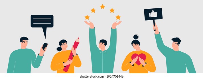 Customer Feedback, Testimonial, Online Survey Concept. Group Of People Rating Customer Experience, Writing Review, Leaving Feedback. Client, User Satisfaction. Isolated Flat Vector Illustration